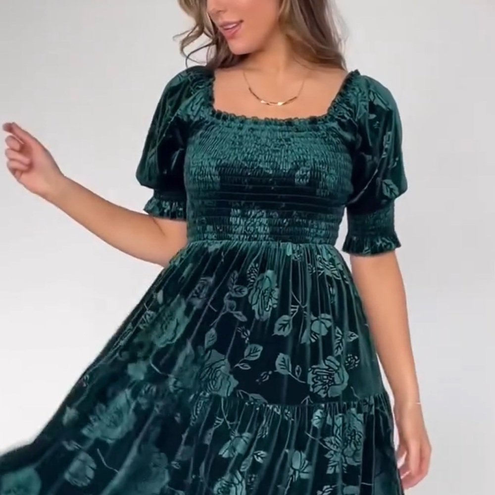 Seville Embossed Velvet Midi Dress in Green Emerald Color